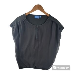 Simply Vera Wang Womens Cap Sleeve Top Small Gray Blouse Sheer Front Overlay